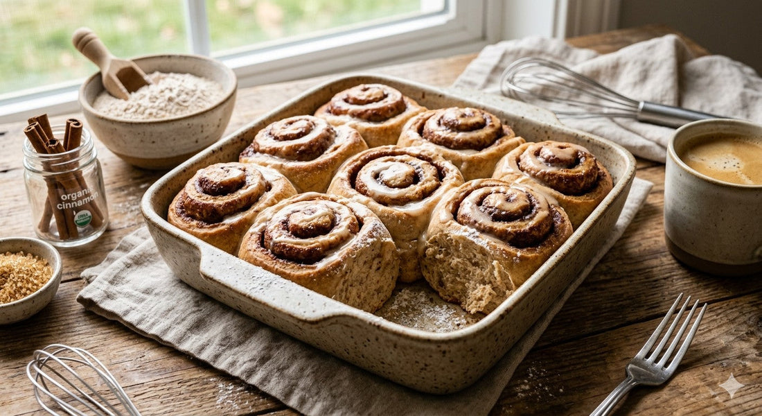 Whole wheat cinnamon rolls made with organic Prairie flour, freshly baked and glazed
