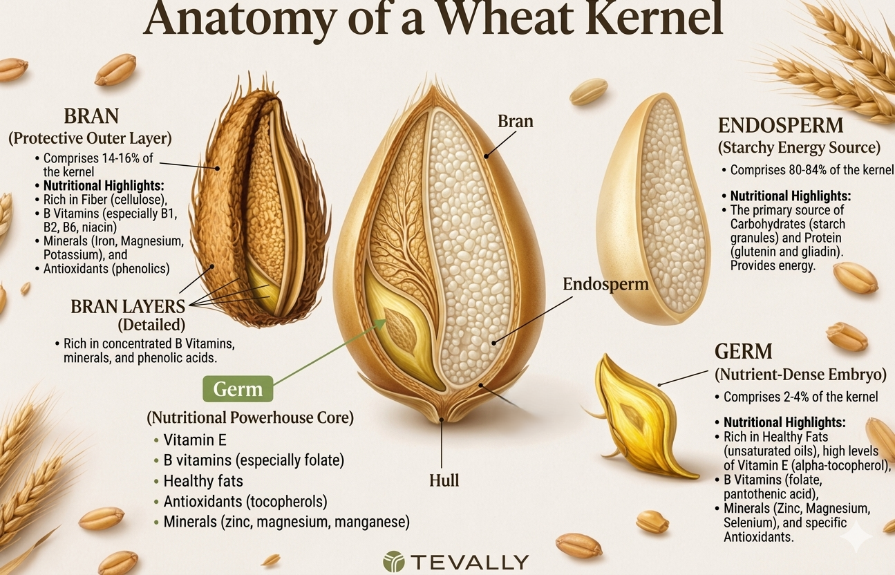 Diagram of a wheat kernel with labeled parts and nutritional information.