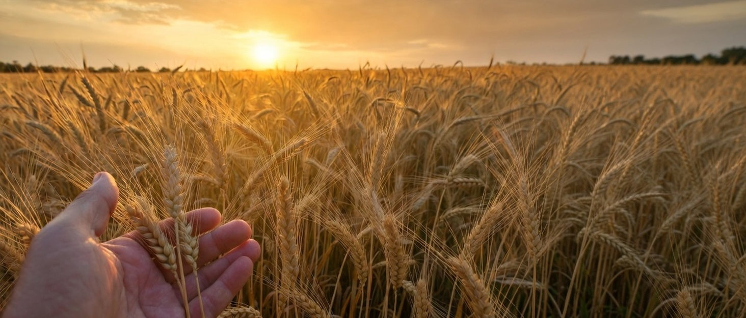 Hand holding wheat in a field with a sunset in the background