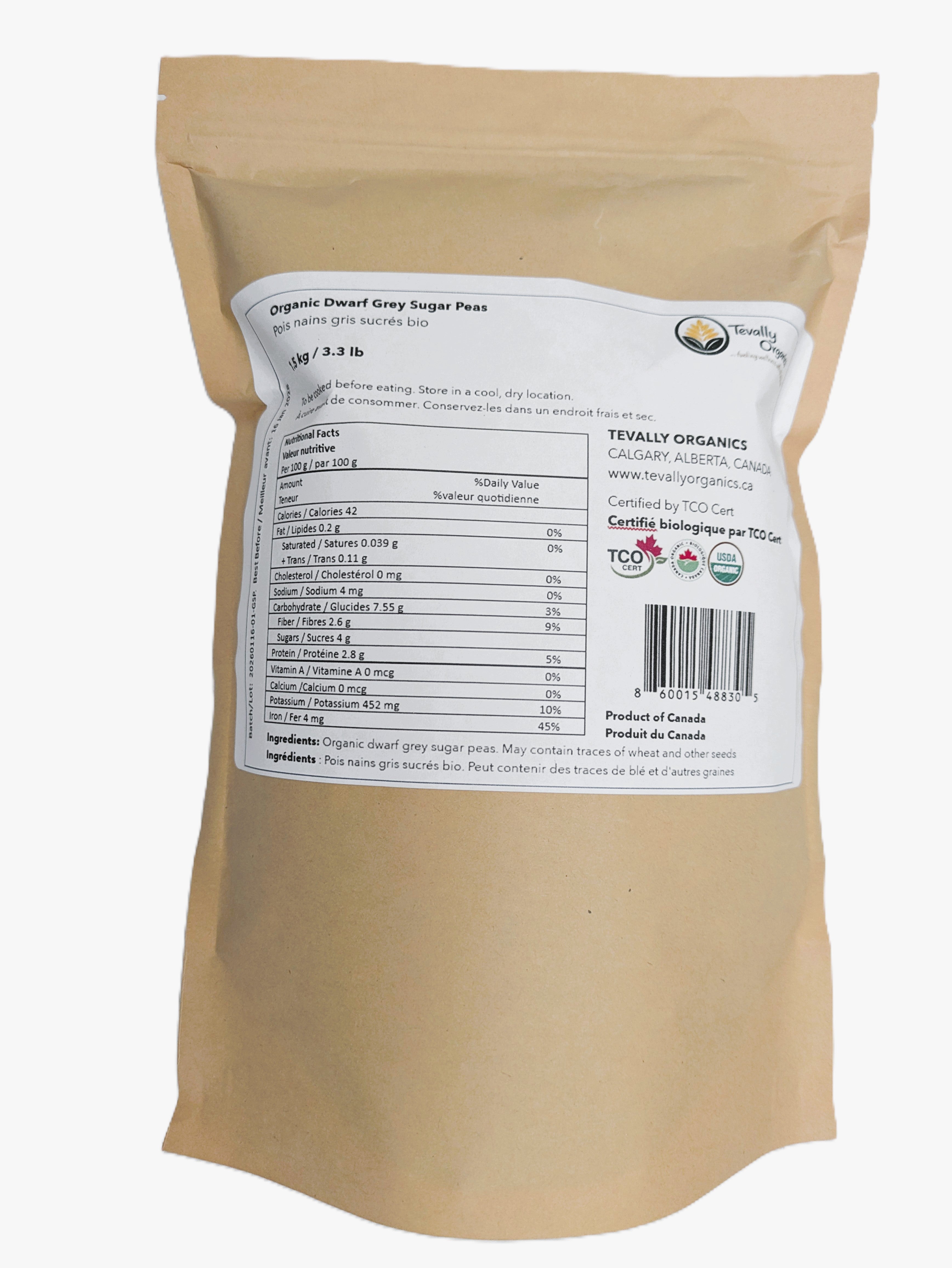 Tevally Organics certified organic dwarf grey sugar peas 1.5 kg package back view showing nutritional facts, ingredients, and organic certifications