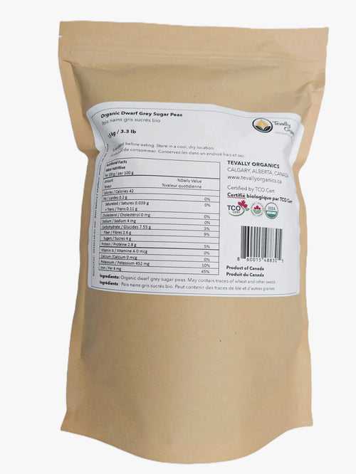 Tevally Organics certified organic dwarf grey sugar peas 1.5 kg package back view showing nutritional facts, ingredients, and organic certifications