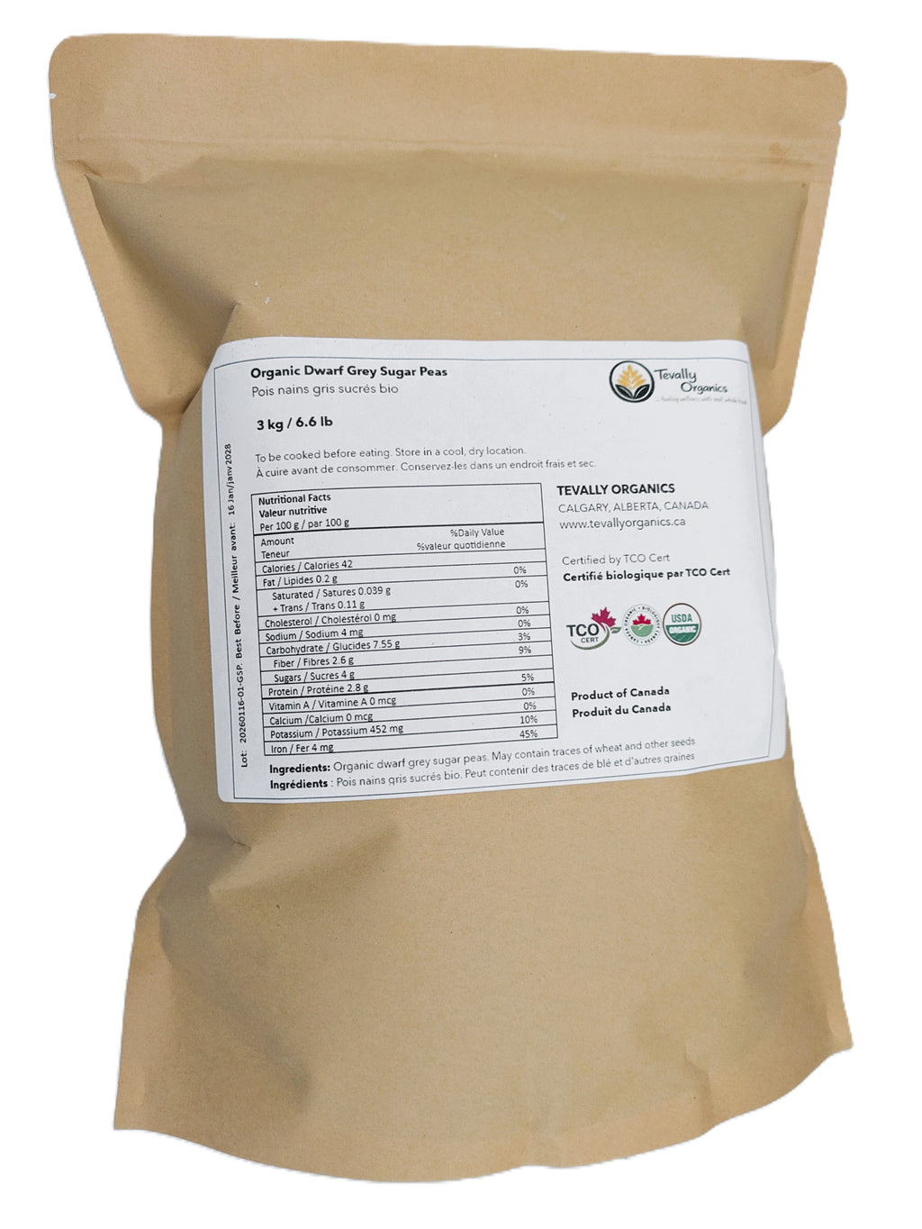 Tevally Organics certified organic dwarf grey sugar peas 3 kg package back view showing nutritional facts, ingredients, and organic certifications