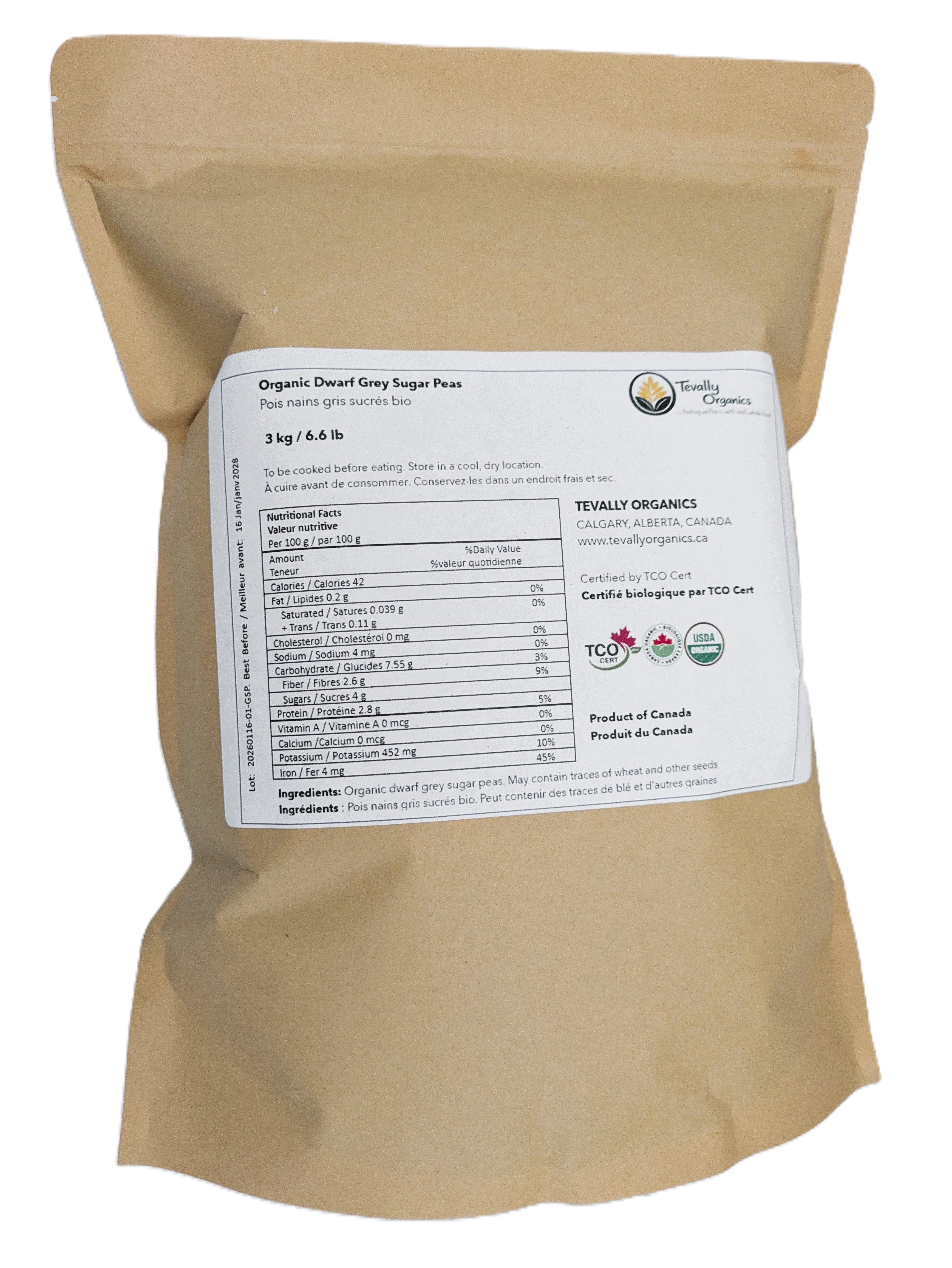 Tevally Organics certified organic dwarf grey sugar peas 3 kg package back view showing nutritional facts, ingredients, and organic certifications