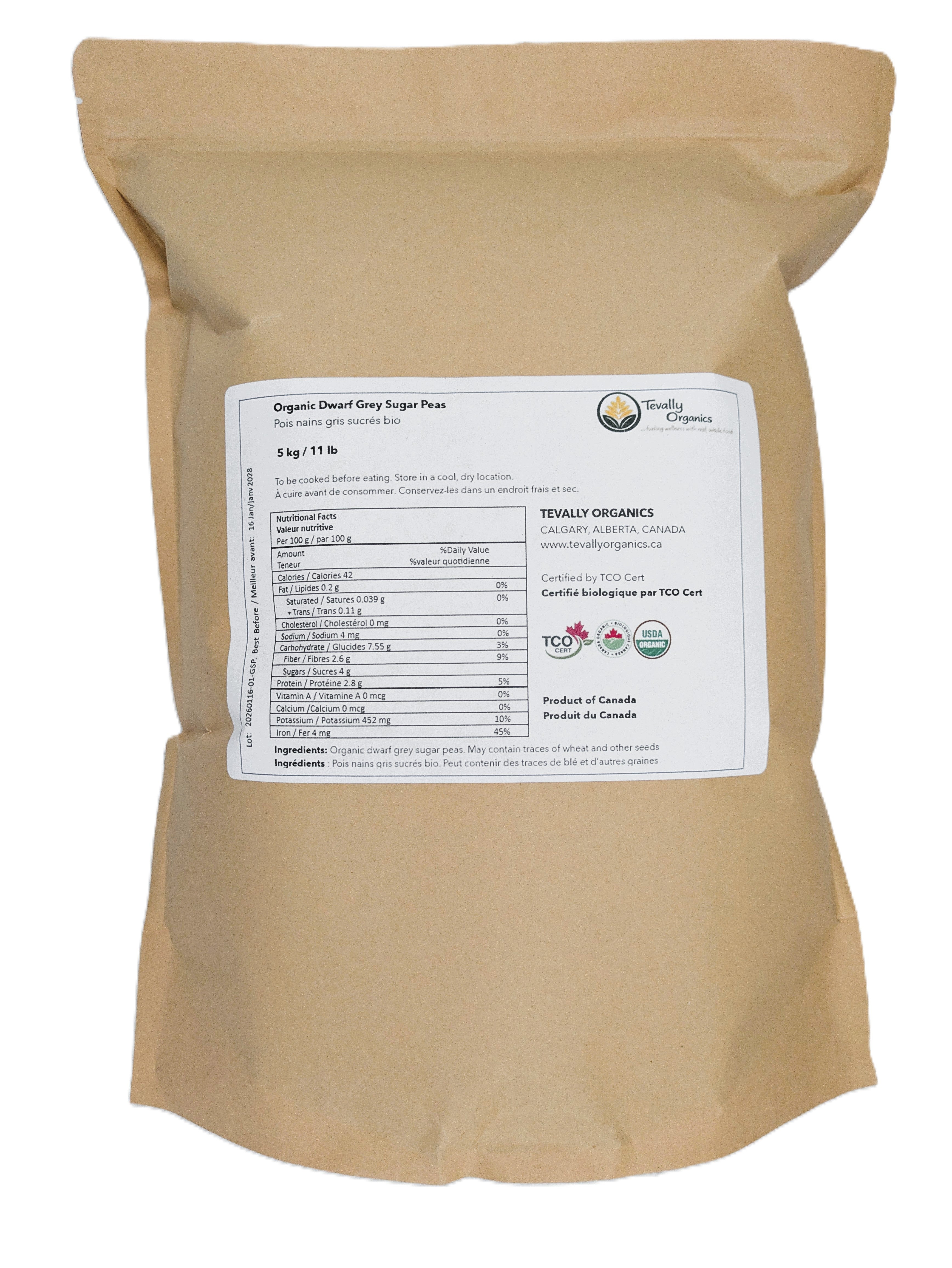 Tevally Organics certified organic dwarf grey sugar peas 5 kg package back view showing nutritional facts, ingredients, and organic certifications