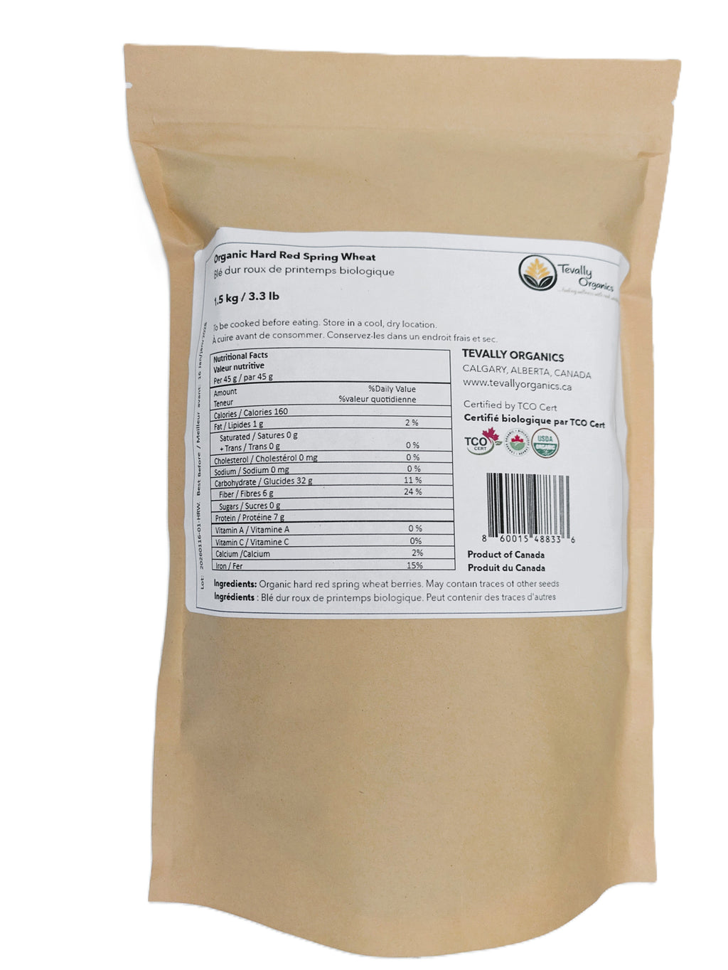 Tevally Organics certified organic hard red wheat berries in 1.5 kg brown paper bag, back view showing nutritional facts, ingredients, and Canada organic certification