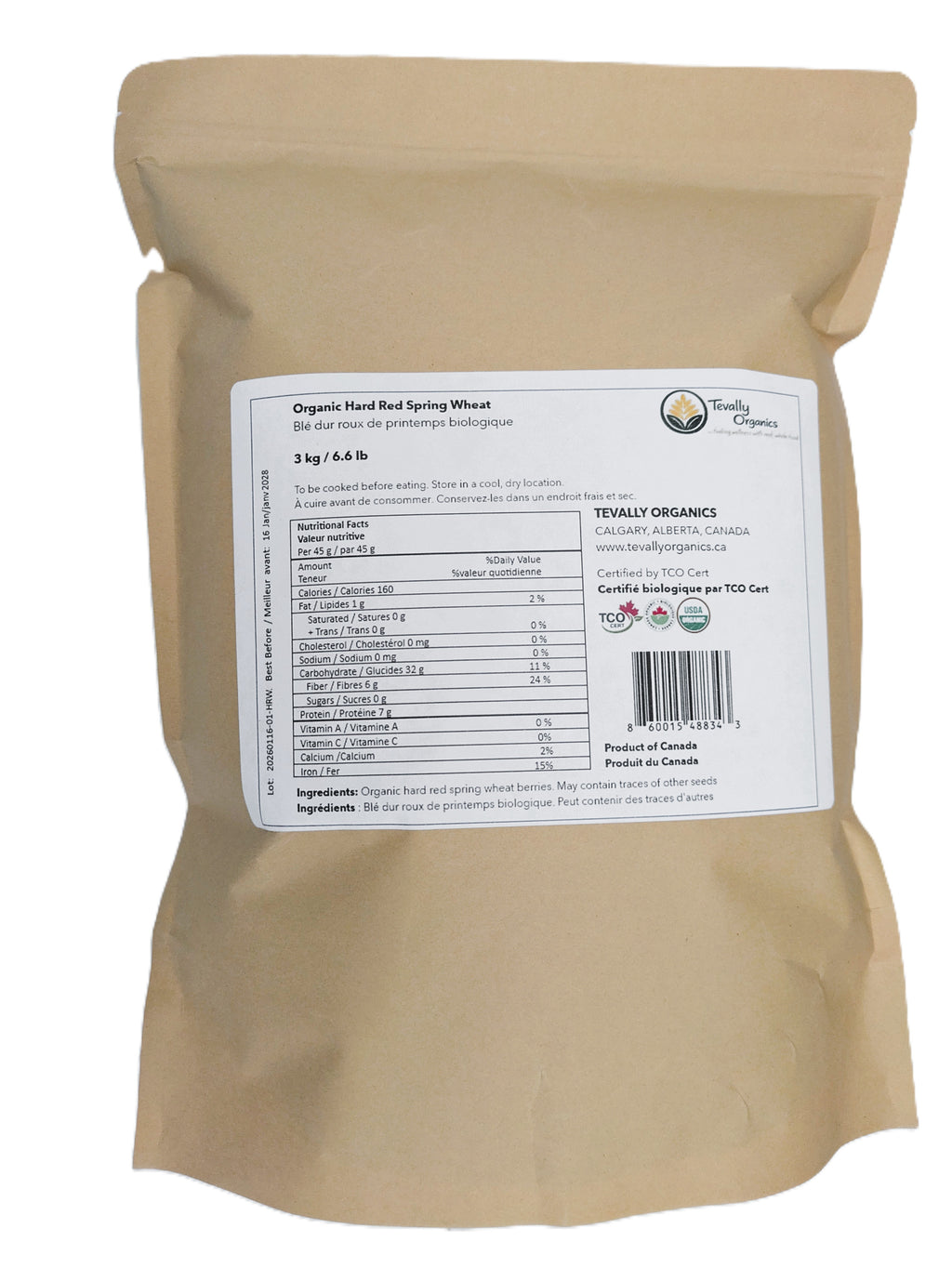 Tevally Organics certified organic hard red wheat berries 3 kg package back view showing nutritional facts label, ingredients, and organic certifications