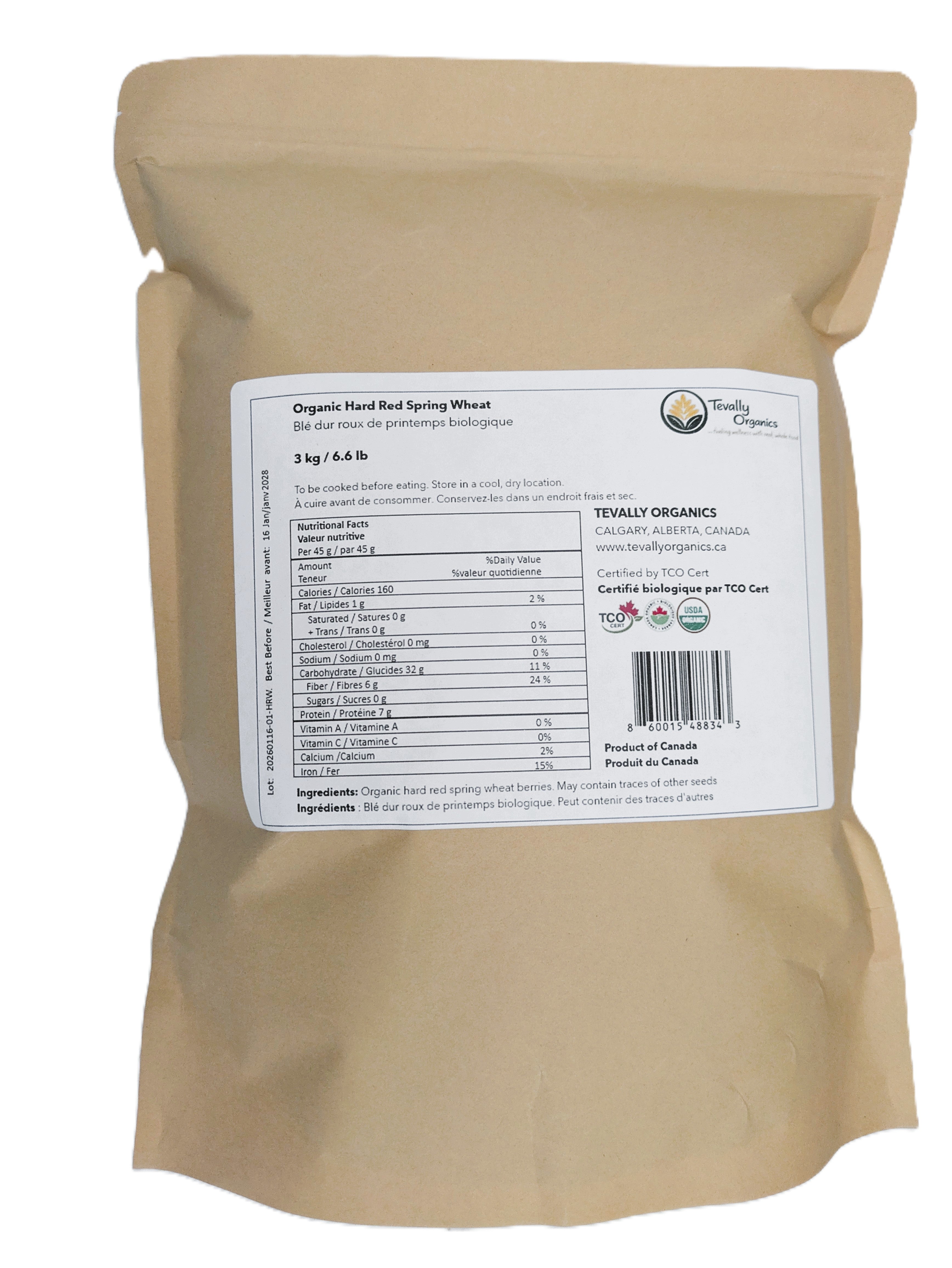 Tevally Organics certified organic hard red wheat berries 3 kg package back view showing nutritional facts label, ingredients, and organic certifications