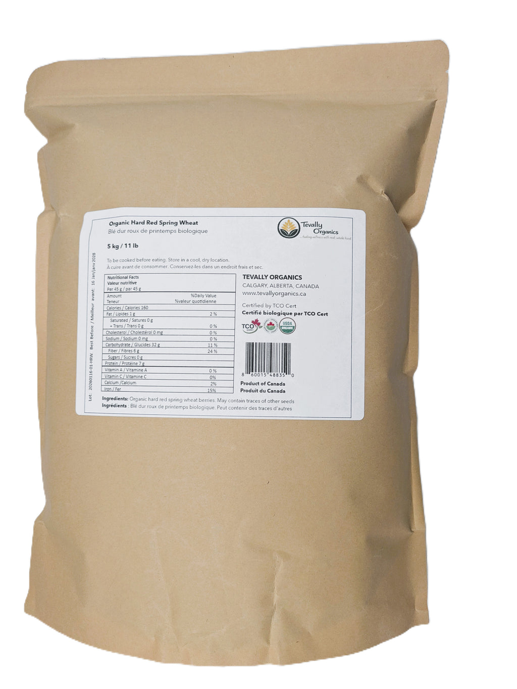 Tevally Organics certified organic hard red  wheat berries 5 kg package back view showing nutritional facts label, ingredients, and organic certifications