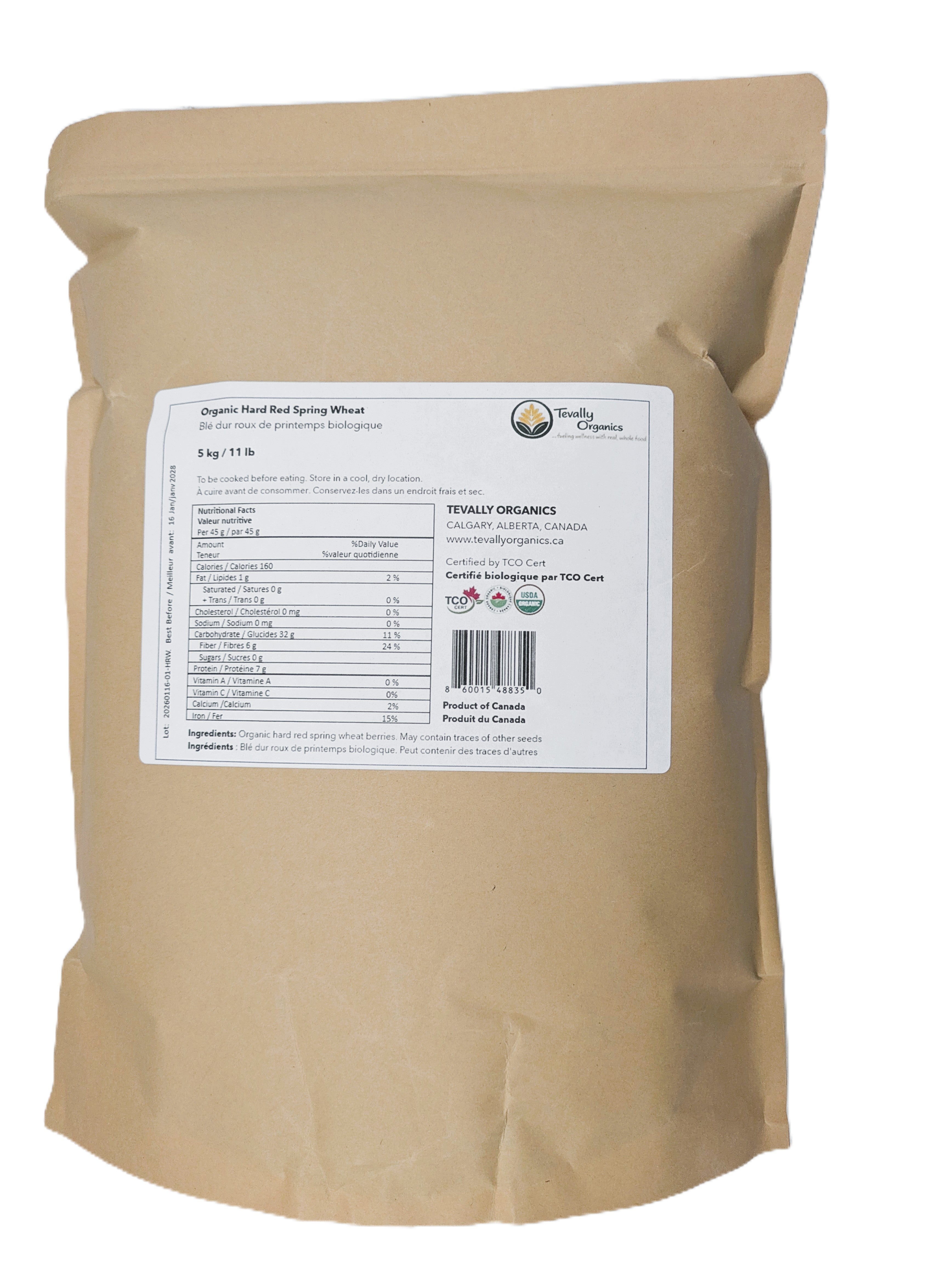 Tevally Organics certified organic hard red  wheat berries 5 kg package back view showing nutritional facts label, ingredients, and organic certifications