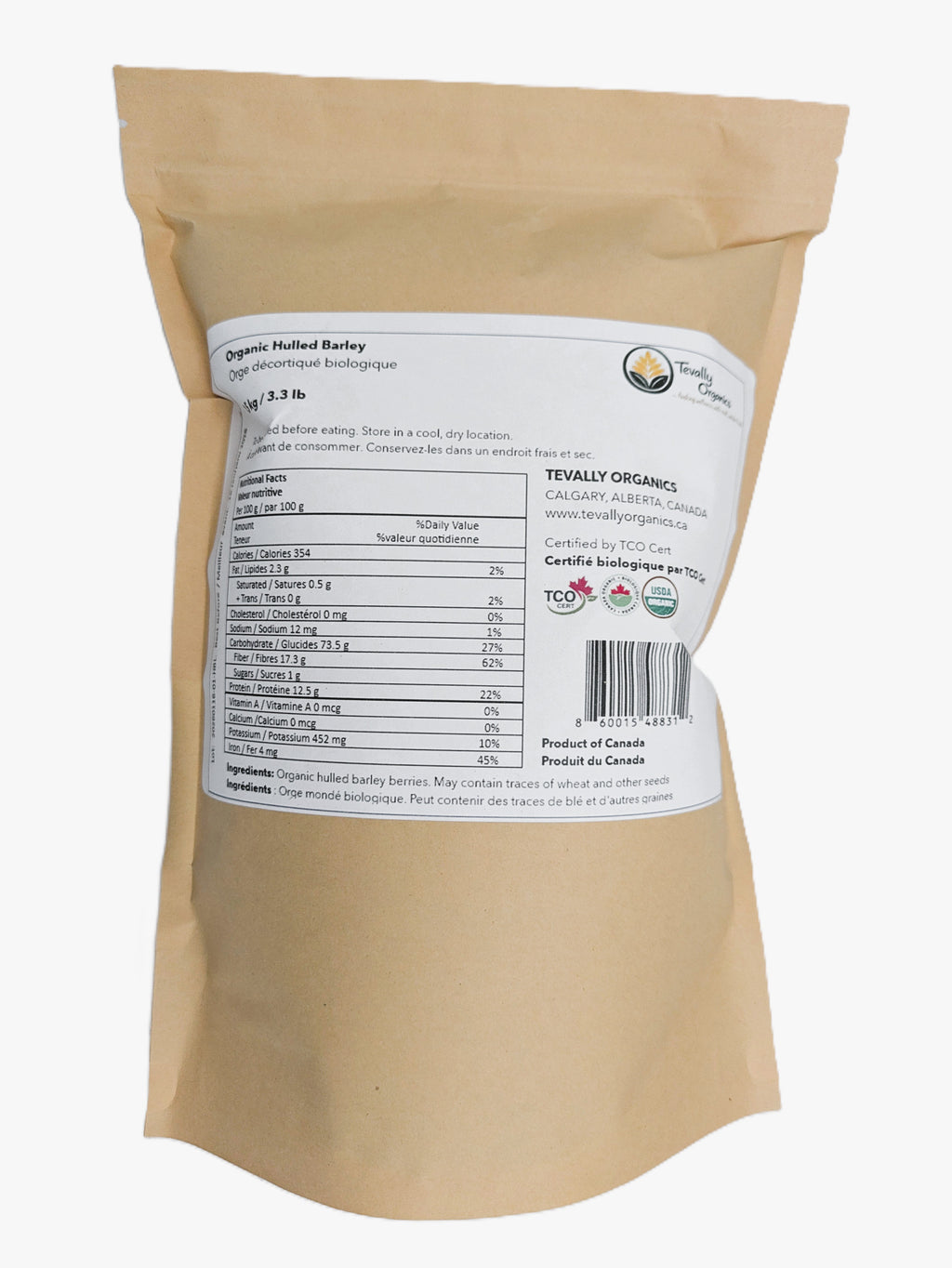 Tevally Organics certified organic hulled barley 1.5 kg package back view showing nutritional facts, ingredients, and organic certifications