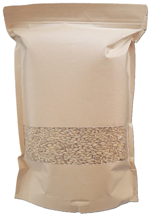 Tevally Organics certified organic hulled barley 1.5 kg package front view with clear window showing whole barley kernels