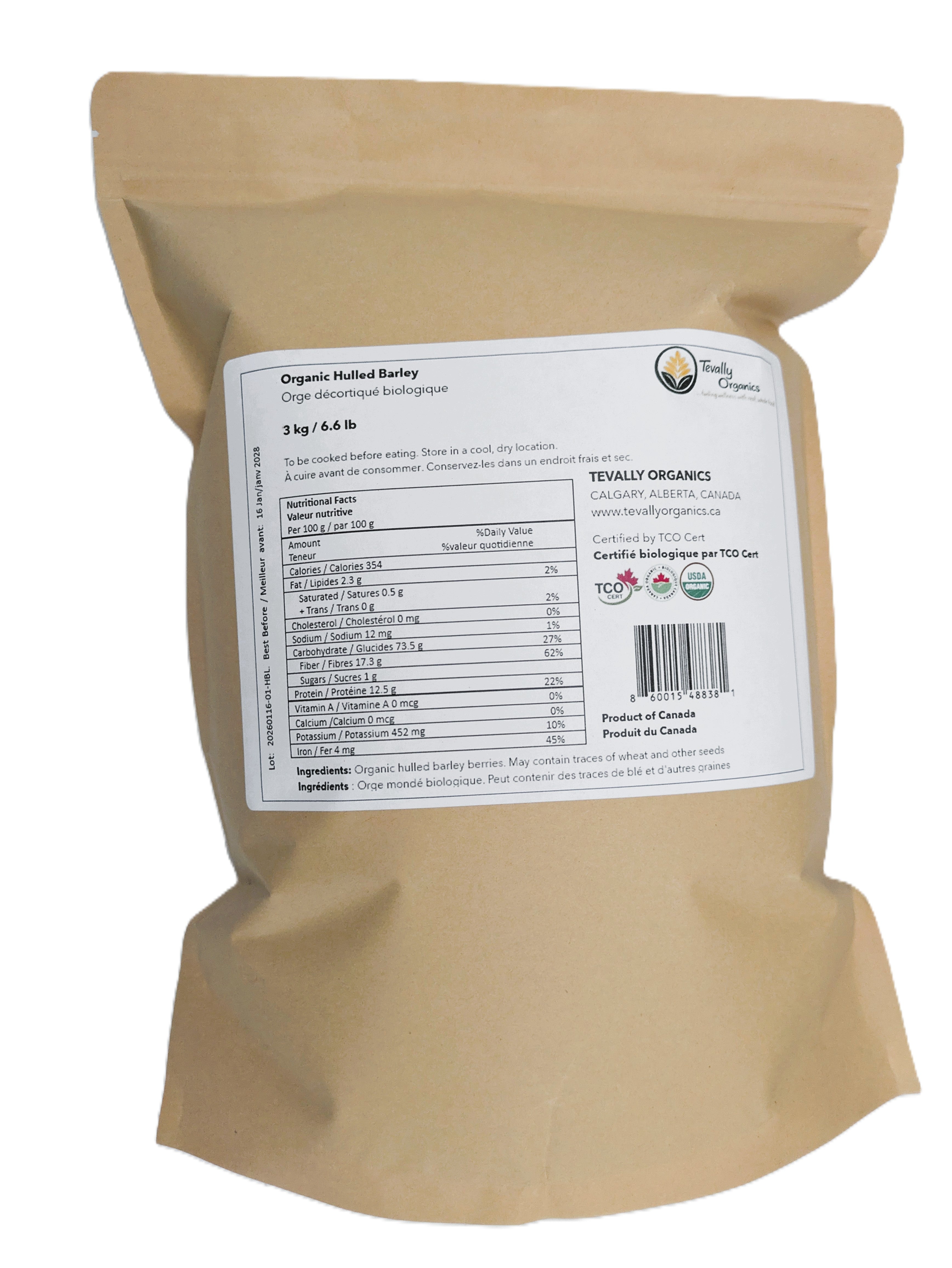 Tevally Organics certified organic hulled barley 3 kg package back view showing nutritional facts, ingredients, and organic certifications