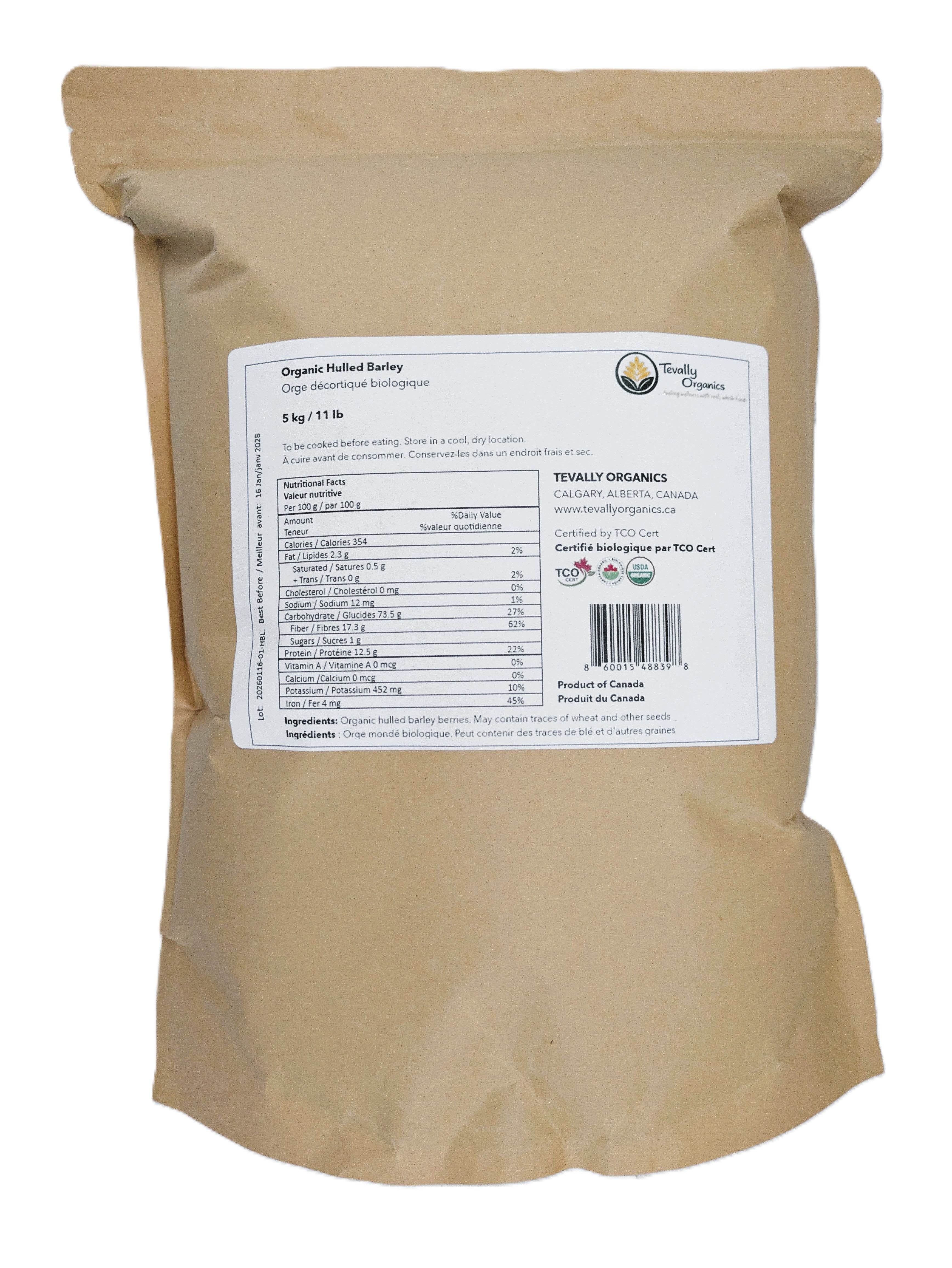 Tevally Organics certified organic hulled barley 5 kg package back view showing nutritional facts, ingredients, and organic certifications