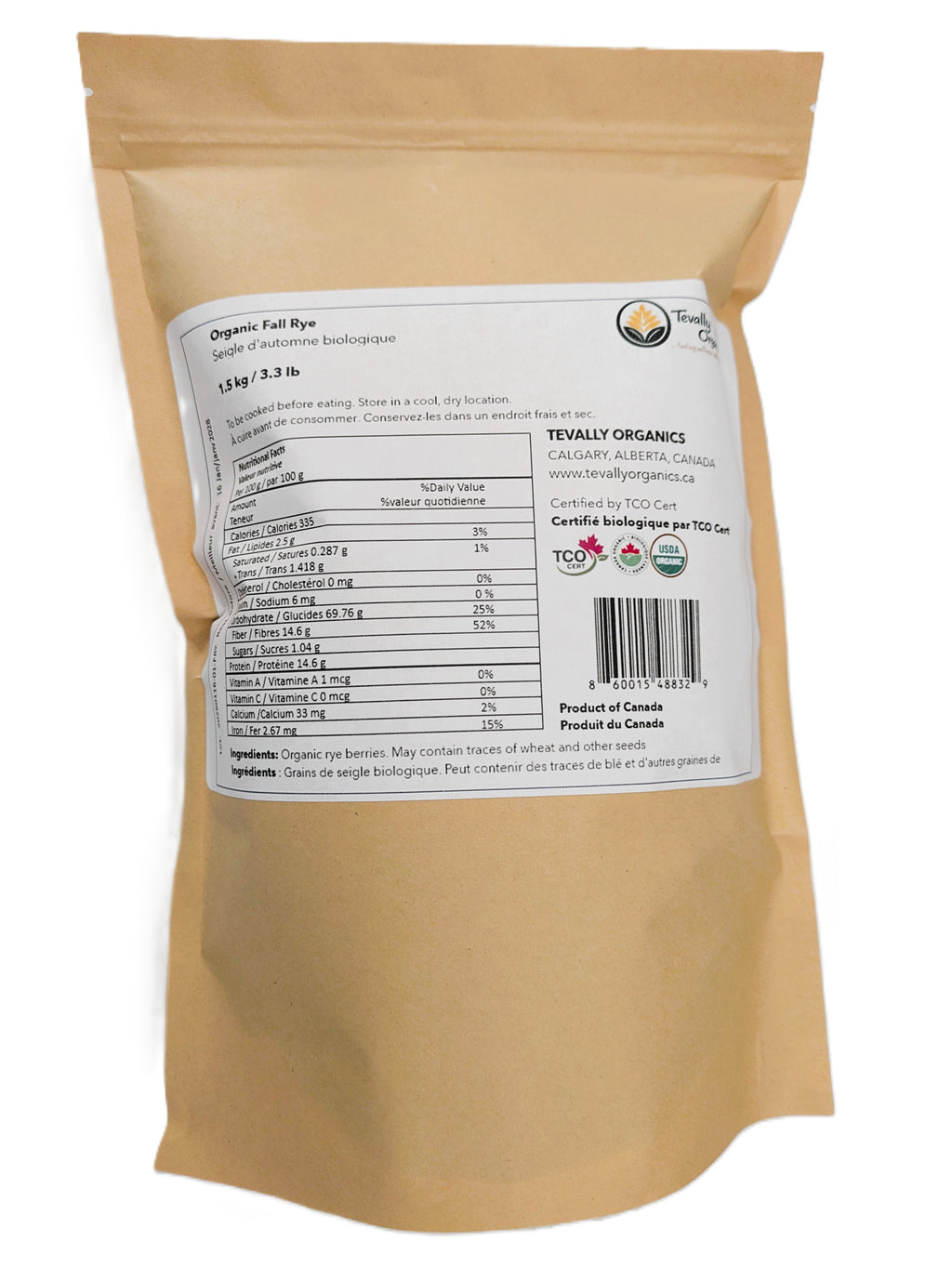 Tevally Organics certified organic rye berries 1.5 kg package back view showing nutritional facts, ingredients, and organic certifications