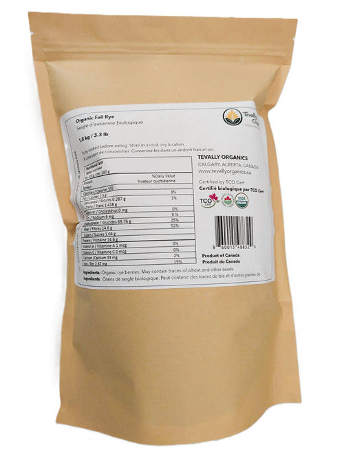 Tevally Organics certified organic rye berries 1.5 kg package back view showing nutritional facts, ingredients, and organic certifications