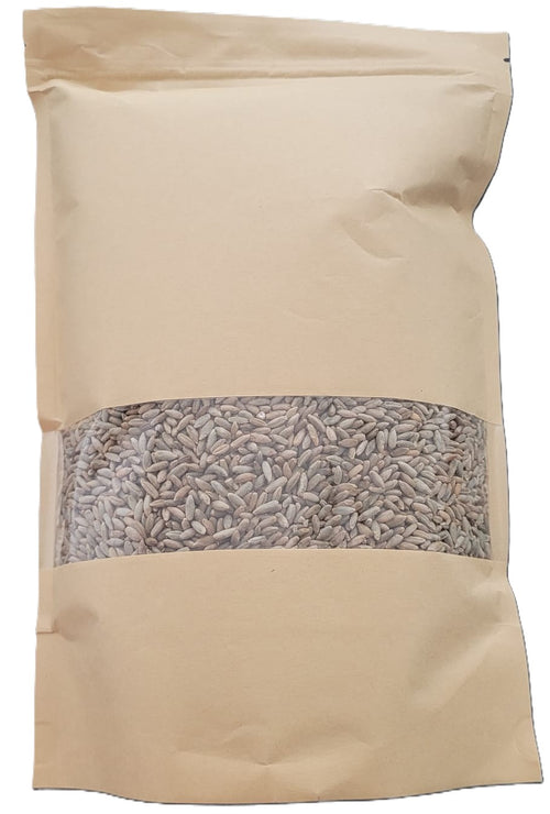 Tevally Organics certified organic rye berries 1.5 kg package front view with clear window showing whole rye kernels