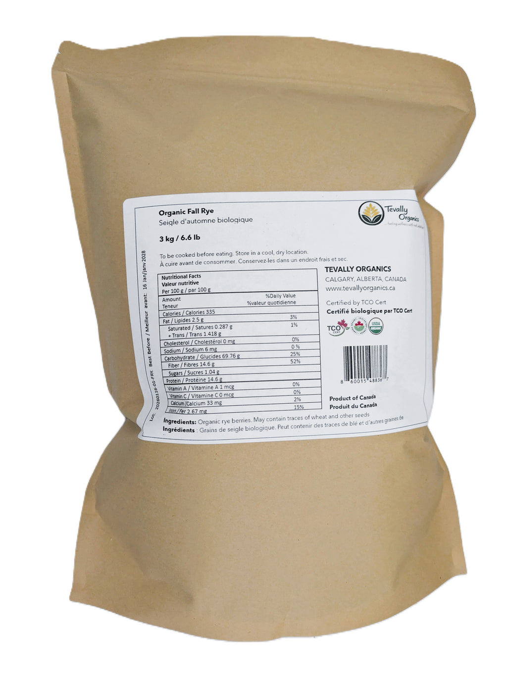 Tevally Organics certified organic rye berries 3 kg package back view showing nutritional facts, ingredients, and organic certifications