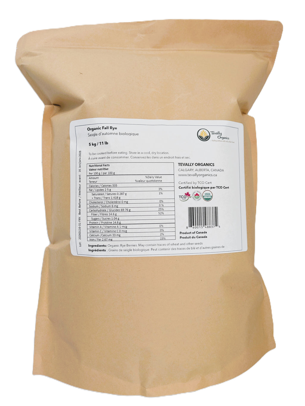Tevally Organics certified organic rye berries 5 kg package back view showing nutritional facts, ingredients, and organic certifications